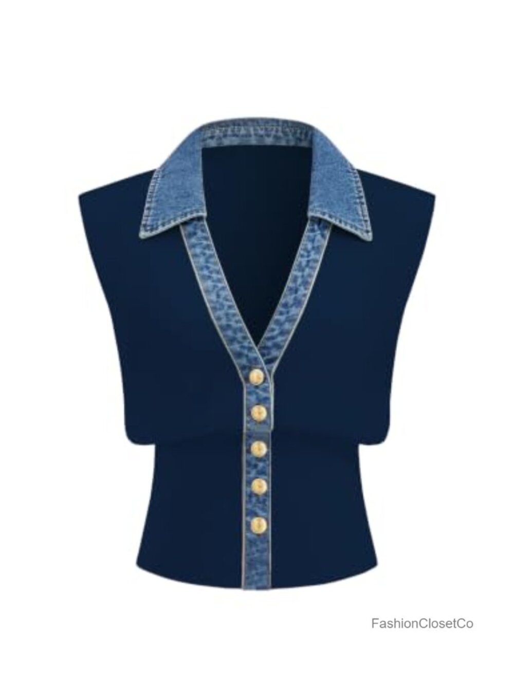 Womens Sleeveless Knit Sweater Vest V-Neck Button Denim Trim Tank Top